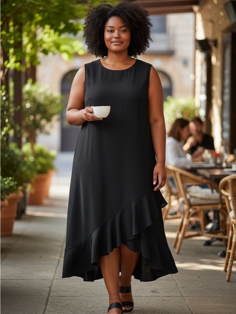 Calvin Klein Black Sleeveless Midi Dress with Asymmetrical Ruffle Hem 22W